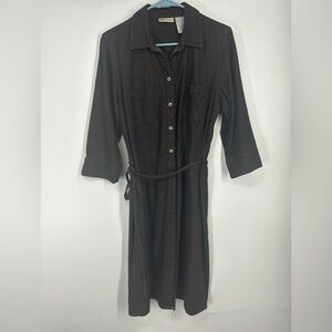 NWOT Vintage Faded Glory Black Button Up Belted Long Sleeve Shirt Dress‎ Large